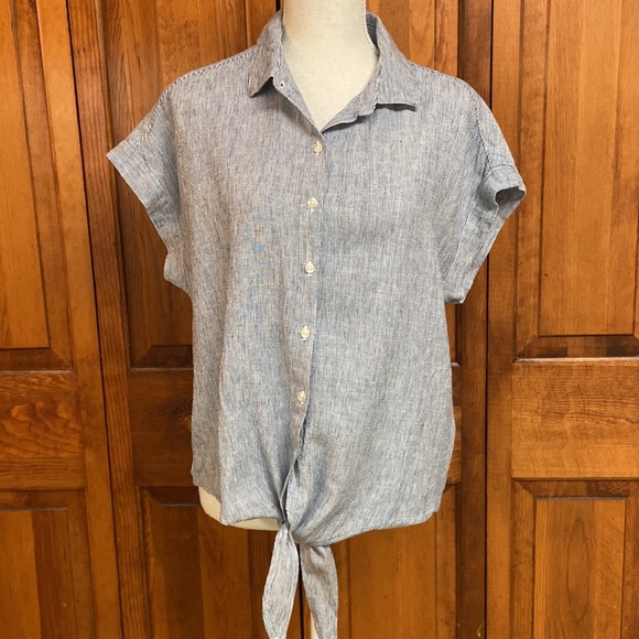Weatherproof Tops - Weatherproof Vintage NavyWhite Interwoven Washable Linen Bl Button-down Tie Hem